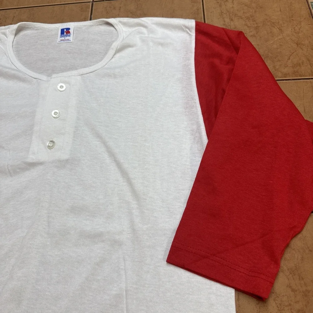 VTG Russell Athletic Shirt Sz L White Red 3/4 Sleeve Raglan Baseball USA Made